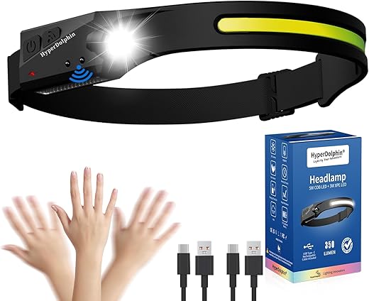 Headlamp Rechargeable, LED Waterproof Headlight for Adults, 230° Headband Light Forehead, Motion Sensor, USB Head lamp Band, 350 Lumen Super Bright, 5 Modes, Comfortable for Running,Fishing,Hiking