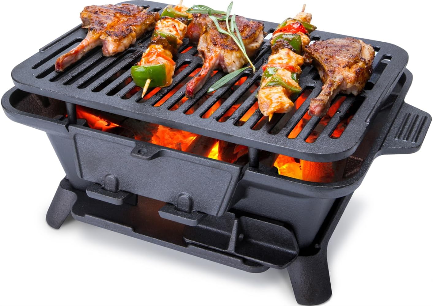 Hibachi Grill Outdoor, Portable Small Charcoal Grill, 100% Cast Iron, Mini Japanese Yakitori Tabletop Skillet Grill Stove for Outdoor Camping - Coal Door, Draft Door