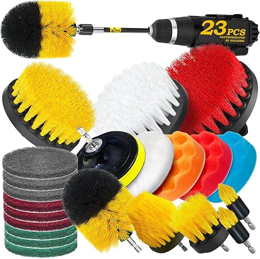 Holikme 23Pack Drill Brush Attachments Set, Scrub Pads & Sponge, Buffing Pads, Power Scrubber Brush with Extend Long Attachment, Car Polishing Pad Kit,Cleaning Supplies，Shower Scrub,Scratch Brushes