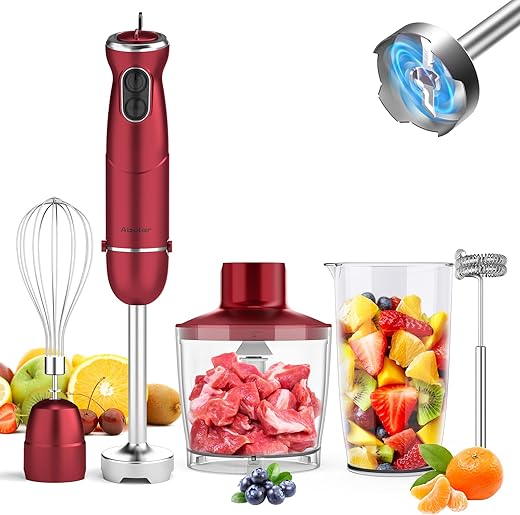 Immersion Blender 5 in 1 Hand Blender, Abuler 1000W Hand Mixer Stick,12 Speed Handheld Blender 304 Stainless Steel with 600ml Mixing Beaker, 500ml Chopper, Whisk and Milk Frother for Soup, Baby Food