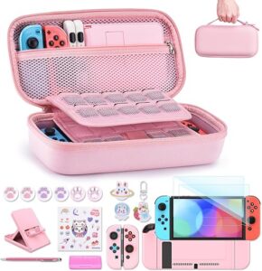 innoAura Switch Case for NS Switch 19 in 1 Switch Accessories Bundle with Switch Carrying Case, Switch Game Case, Switch Screen Protector, Switch Stand, Switch Thumb Grips (Pink)