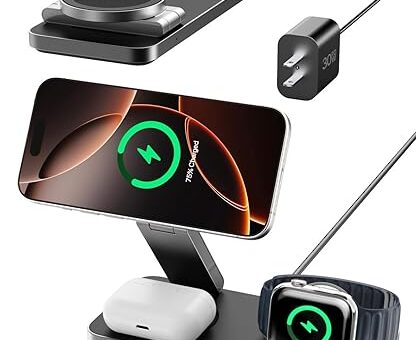 Intoval Qi2 3-in-1 Foldable Wireless Charging Station, Qi2 Certified 15W Ultra Fast Wireless Charger for Magsafe, Magnetic Charger Stand for iPhone 16/15/14/13/12, Apple Watch & AirPods.(F8,Black)