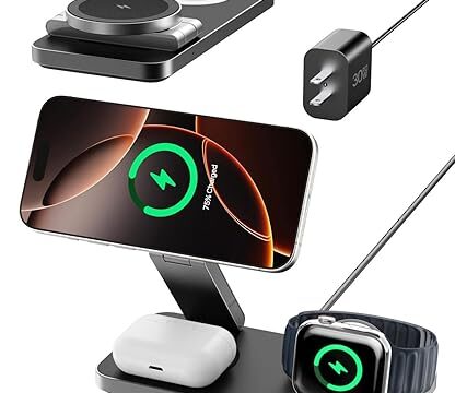 Intoval Qi2 3-in-1 Foldable Wireless Charging Station, Qi2 Certified 15W Ultra Fast Wireless Charger for Magsafe, Magnetic Charger Stand for iPhone 16/15/14/13/12, Apple Watch & AirPods.(F8,Black)