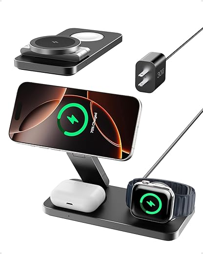 Intoval Qi2 3-in-1 Foldable Wireless Charging Station, Qi2 Certified 15W Ultra Fast Wireless Charger for Magsafe, Magnetic Charger Stand for iPhone 16/15/14/13/12, Apple Watch & AirPods.(F8,Black)