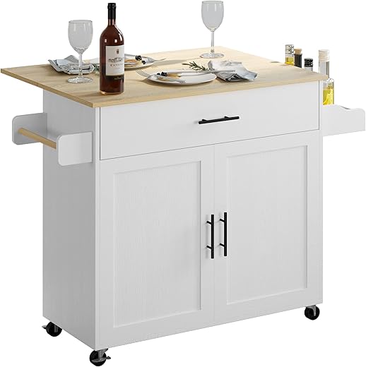 IRONCK Rolling Kitchen Island Table on Wheels with Drop Leaf, Storage Cabinet, Drawer, Spice/Towel Rack, Kitchen Cart, 47.25" Wide White