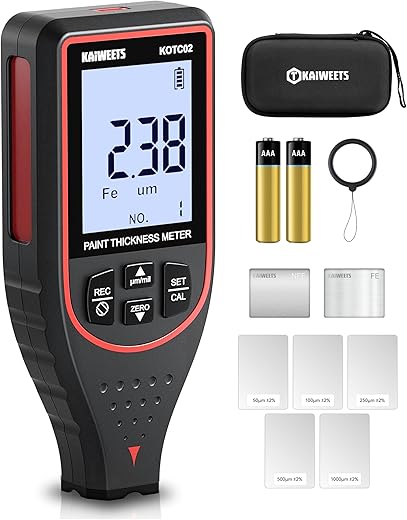 KAIWEETS Paint Thickness Gauge Car Coating Depth Gauge 0~2999μM Digital Paint Meter for Cars Paint Mil Thickness Tester for Used Car Buyers with Limit Alarm, Data Storage, 2-Direction Rotating Screen