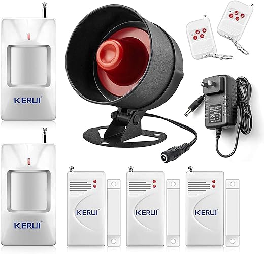 KERUI Standalone Home Office Shop Security Alarm System Kit,Wireless Loud Indoor/Outdoor Weatherproof Siren Horn with Remote Control and Door Contact Sensor,Motion Sensor,Up to 115db,NO WiFi/GSM/APP