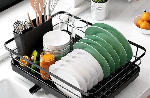 Kitsure Dish Drying Rack- Space-Saving Dish Rack, Dish Racks for Kitchen Counter, Stainless Steel Kitchen Drying Rack with a Cutlery Holder,12''W x 15.5''L, Black