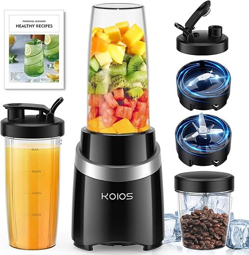 KOIOS Blender for Smoothies, 1000W Personal Blender and Grinder Combo for Kitchen with 2x27oz Portable Smoothie Cups with To-Go Lids 12oz Coffee Cup with Seal Cover Non-BPA for Baby Food, Ice Drinks