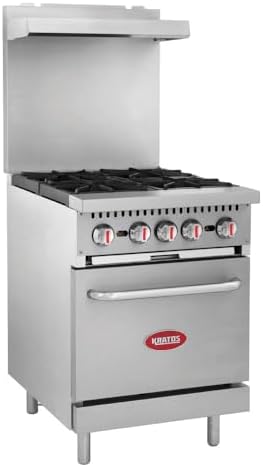 Kratos 24" Wide Commercial Gas Range with Four Burners and Standard Oven, Stainless Steel Range for Restaurants, 150,000 Total BTU, Natural Gas (29Y-043-NAT)