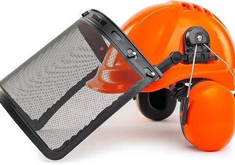 LANON Industrial Forestry Safety Helmet Protection System, ANSI Approved Chainsaw Hard Hats with Adjustable Ear Muffs & Face Shield Visor, 6 Point Adjustable Ratchet Suspension, Class C, Orange