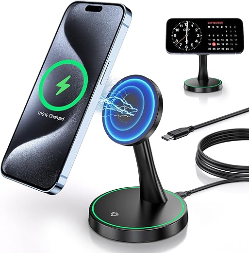 Magnetic Wireless Charger Stand 15W Fast Mag-Safe Charger for iPhone 16/16 Pro/16 Plus/16 Pro Max/15/14/13/12 Series Magnet Wireless Charging Station/Pad with Sleep-Friendly Light for AirPods