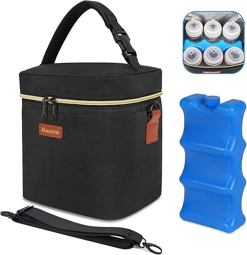 Mancro Breastmilk Cooler Bag with Ice Pack, Fits 6 Baby Bottles Up to 9 Ounce Insulated Bottle Bag, Breast Milk on The go Strap, for Nursing Mom Daycare, Black