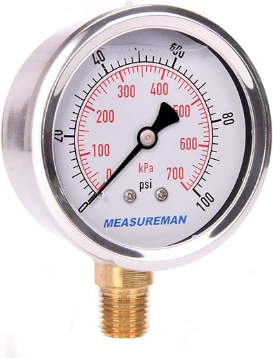 MEASUREMAN 0-100 PSI/kPa Water Pressure Gauge, Glycerin Filled,psi Gauge,for Home Water Pressure Test, 2-1/2’’ Dial, 304 Stainless Steel Case, 1/4’’ NPT Lower Mount