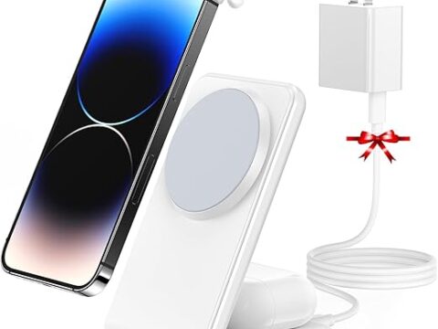 Meifigno 2-in-1 for Magsafe-Compatible Charger Stand with PD 20W USB-C Charger Block & Cable, Fast Charging Wireless Charger Designed for iPhone 16 Pro Max/ 15/14/13/12, AirPods 4/3/Pro 2/Pro, White