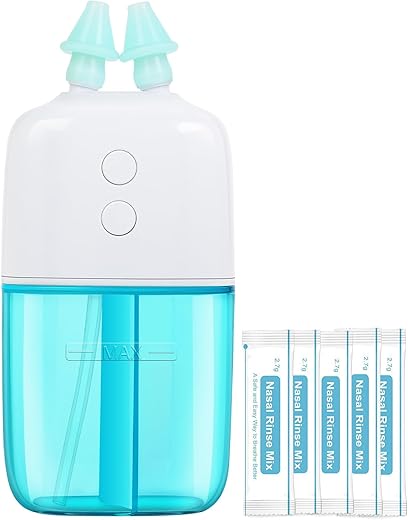 Mini Nasal Irrigation System with 30 Saline Packets – Dual Speed and Auto Waste Collection – Portable and Travel-Friendly Nasal Irrigator – Nasal Cleaner for Sinus Relief Nasal Rinse Machine