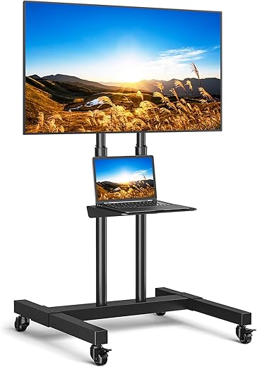 Mobile TV Cart for 32-83 Inch Screens up to 110 lbs, Height Adjustable Rolling TV Stand with Locking Wheels and Metal Shelf, Portable Outdoor Floor TV Stand Movable Monitor Holder for Home Office