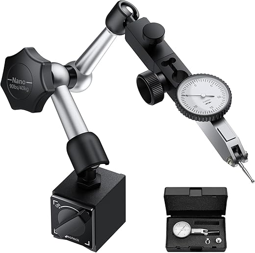 Neoteck Dial Test Indicator with Magnetic Base Stand and Storage Case, 0-0.03"/0.0005" Test Indicator Set with 2 Steel Dovetail Clamps 3/8'' and 5/32'' for Machine Set-Up, Narrow Area Measurement