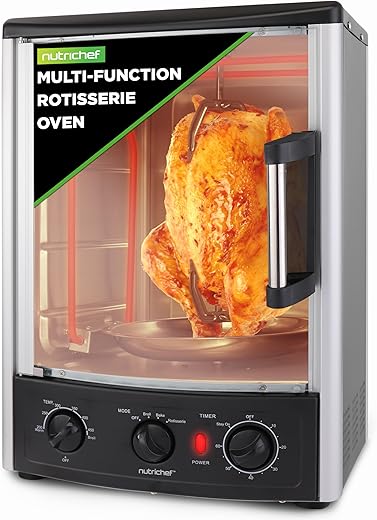 Nutrichef Vertical Countertop Oven with Rotisserie, Bake, Broil, & Kebab Rack Functions - Adjustable Settings - 2 Shelves - 1500W - Thanksgiving Turkey - Includes Grill, Kebab skewer racks & bake pan