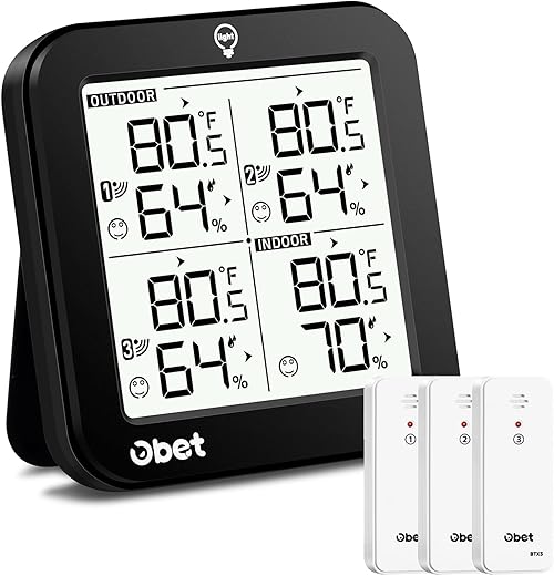 OBET Weather Stations Wireless Indoor Outdoor Thermometer and Humidity Monitor 500ft Range with 3 Remote Sensors and Adjustable Backlight After-Sale Protection