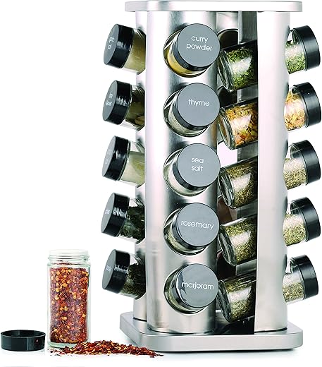 Orii 20 Jar Spice Rack with Spices Included - Revolving Tower Organizer for Kitchen Spices and Seasonings, Free Spice Refills for 5 Years (Stainless Steel)