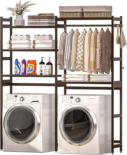 Over the Washer and Dryer Storage Shelf Bamboo,5 Tiers Laundry Room Drying Rack with Adjustable Shelves and 4 Hooks,Space Saver Organizer for Hanging Clothes and Towels (Brown)