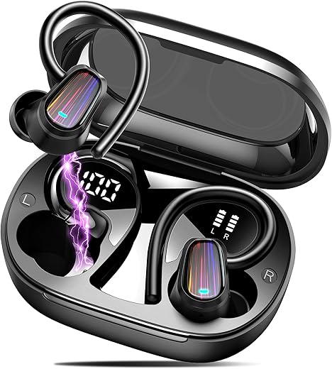 OYIB Wireless Earbuds Bluetooth 5.4 Headphones Sport, 50H Bluetooth Earbuds with Earhooks, Over Ear Bud Deep Bass with ENC Mic, IP7 Waterproof Wireless Earphone for Workout/Running, Black