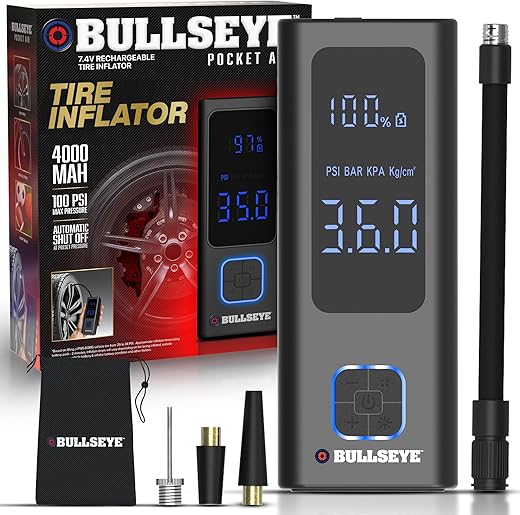 POCKET AIR Car Tire Inflator Portable Air Compressor by Bullseye Pro, Rechargeable 4000MAH Portable Tire Inflator for Car Air Pump Portable with LED Pressure Gauge, Lightweight, As Seen on TV Products