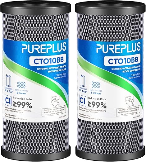 PUREPLUS 5 Micron 10" x 4.5" Whole House Coconut Shell Activated Carbon Water Filter Replacement Cartridge for Dupont WFHDC8001, CB-BB-10, GE FXHTC, GXWH40L, GXWH35F, GNWH38S, CTO10BB, 2PACK