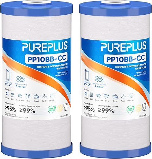 PUREPLUS 5 Micron 10" x 4.5" Whole House Sediment and Carbon Water Filter Replacement Cartridge for GE FXHTC, GXWH40L, GXWH35F, GNWH38S, Culligan RFC-BBSA, WRC25HD, PP10BB-CC, Pentek RFC-BB, 2Pack