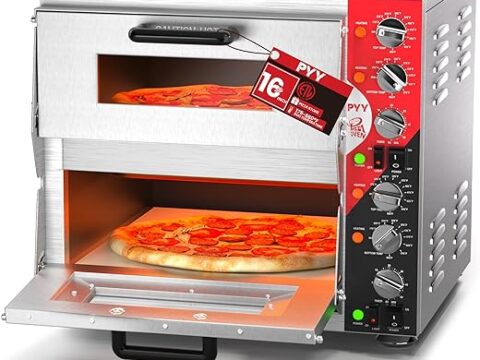 PYY 16" Indoor Electric Double Decker Pizza Oven w/Pizza Stone for Restaurant Home,Countertop Pizza Oven with 60-min Ring Timer, Commercial Pizza Oven with 4 Large Heat Tube, 3200W, ETL listed