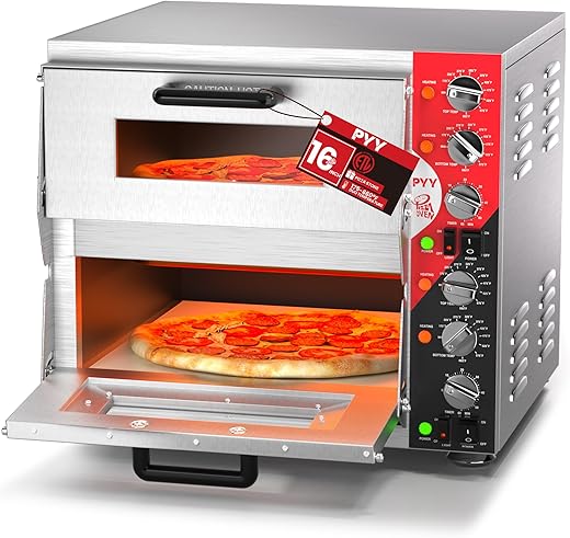 PYY 16" Indoor Electric Double Decker Pizza Oven w/Pizza Stone for Restaurant Home,Countertop Pizza Oven with 60-min Ring Timer, Commercial Pizza Oven with 4 Large Heat Tube, 3200W, ETL listed