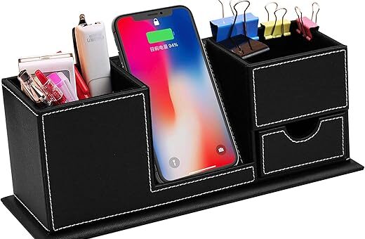 Qi Wireless Charging Stand with Desk Organizer Upgrade 15W Pen Holder Charger for iPhone Samsung and Other QI-Enabled Devices