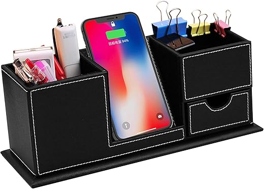 Qi Wireless Charging Stand with Desk Organizer Upgrade 15W Pen Holder Charger for iPhone Samsung and Other QI-Enabled Devices