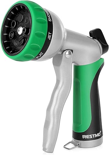 RESTMO Garden Hose Nozzle, Heavy Duty Metal Water Hose Nozzle with 7 Adjustable Spray Patterns, High Pressure Hand Sprayer with Flow Control for Watering Plants & Lawns, Washing Cars & Pets