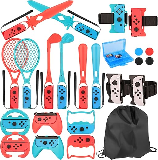 RTop 24 in 1 Switch Sports Accessories Kit for Nintendo Switch Sports, Switch Controllers Joy-Con Grips, Family Accessories Bundle Compatible with Nintendo Switch/Nintendo Switch OLED-With Carry Bag