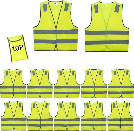 Safety Vests 10 Pack - Yellow Reflective High Visibility Construction ANSI Class 2 Work Vest for Men,Woman,Hi Vis Vest Mesh and Neon Silver Strip