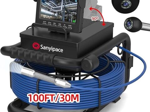 Sanyipace Sewer Camera 100FT/30M, 0.67in/17mm Pipe Inspection Camera with Light, 5600mAh Battery, Mic & Speaker, 4.3" Screen, 8 LEDs, 1000TVL Plumbing Snake Camera, Included 16GB Card