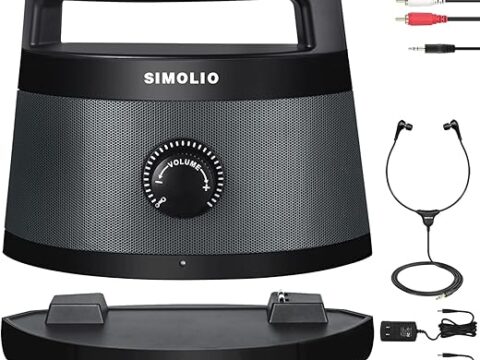 SIMOLIO Wireless Portable TV Speakers with TV Audio Listening Assistance, Voice Highlighting TV Speakers for Hard of Hearing, Seniors and Elderly, 100ft Range, Extra Headset & 2 Adapters -SM-621D