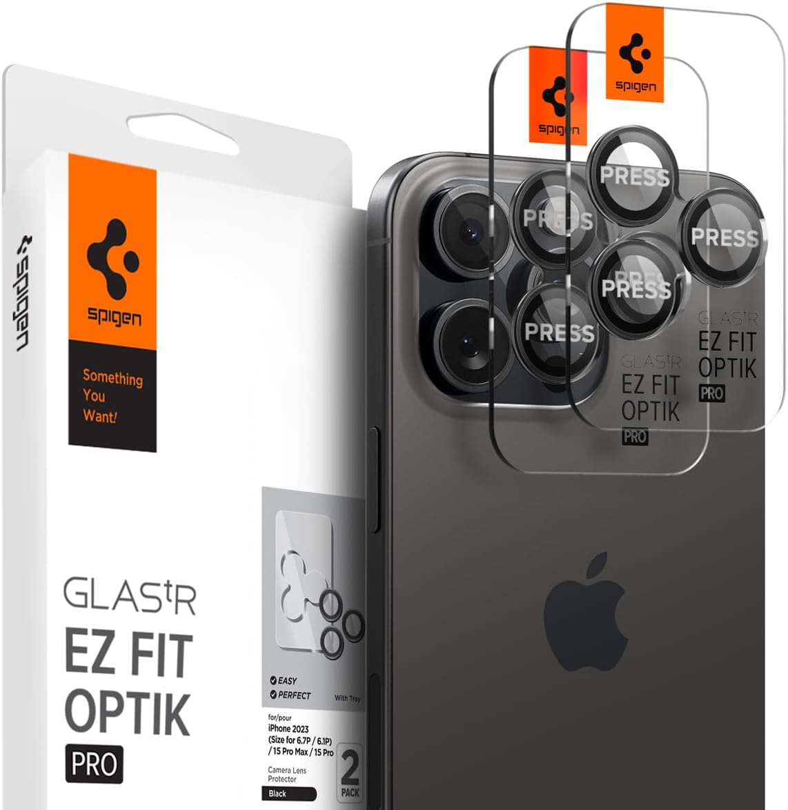 Spigen Camera Lens Screen Protector [GlasTR EZ Fit Optik Pro] Designed for iPhone 16 Pro Max/iPhone 16 Pro/iPhone 15 Pro Max/iPhone 15 Pro [Case Friendly] - Black Titanium [2 Pack]