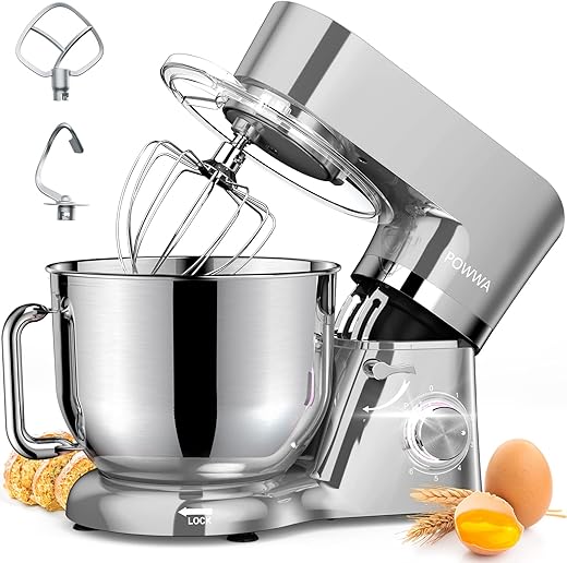 Stand Mixer, POWWA 7.5 Quart Electric Mixer, 6+1 Speed 660W Tilt-Head Kitchen Food Mixers with Whisk, Dough Hook, Mixing Beater & Splash Guard for Baking, Cake, Cookie (Silver-with Handle)