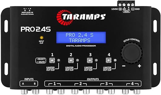 Taramps Pro 2.4S DSP Crossover full Digital Signal Processor and Equalizer with sequencer 15-band Graphic Equalization 12 preset EQ 2-Channel in and 4-Channel Out