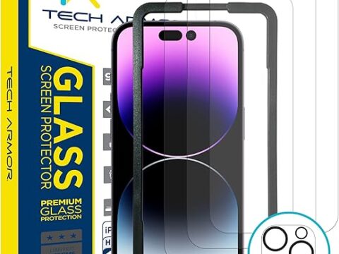 Tech Armor 3 Pack Screen Protector + 1 Camera Lens Protector for iPhone 14 Pro Max 6.7 inch - Ballistic Tempered Glass, Case Friendly, Dynamic Island Compatible, Sensor Protection, HD, 9H Hardness