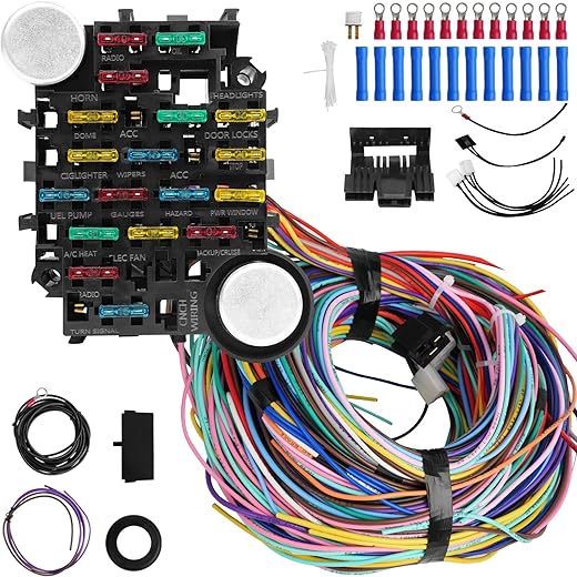 Universal 21 Circuit Wiring Harness Kit, 21 Circuit Wiring Harness Kit, Universal Extra Long Wire 21 Circuit Wiring Harness Standard Color 17 Fuses for GM Chevy Chrysler Ford Mopar Hotrods Ratrods