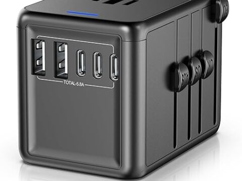 Universal Travel Adapter Offers 5.8A 3X 3.0A USB-C Ports, 2X 2.4A USB-A Ports and Multi AC Outlet, All-in-One International Power Plug Adaptor Worldwide Charger for EU US UK AU 200+ Countries