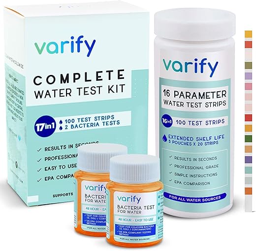 Varify 17 in 1 Complete Drinking Water Test Kit - 100 Strips + 2 Bacteria Tester Kits - Well, Tap, Home, City Water Testing Strip for Lead, Alkaline, Chlorine, Hardness, Iron, Fluoride, Copper & More