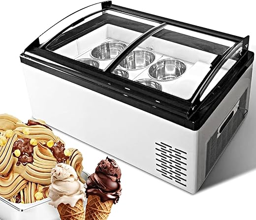 Wixkix Commercial Gelato Display Freezer, Countertop Hard Ice Cream Showcase with 6 Round Pan, Ice Cream Dipping Cabinet with LED Light for Restaurant Ice Cream Shop, Air Cooling, 110V