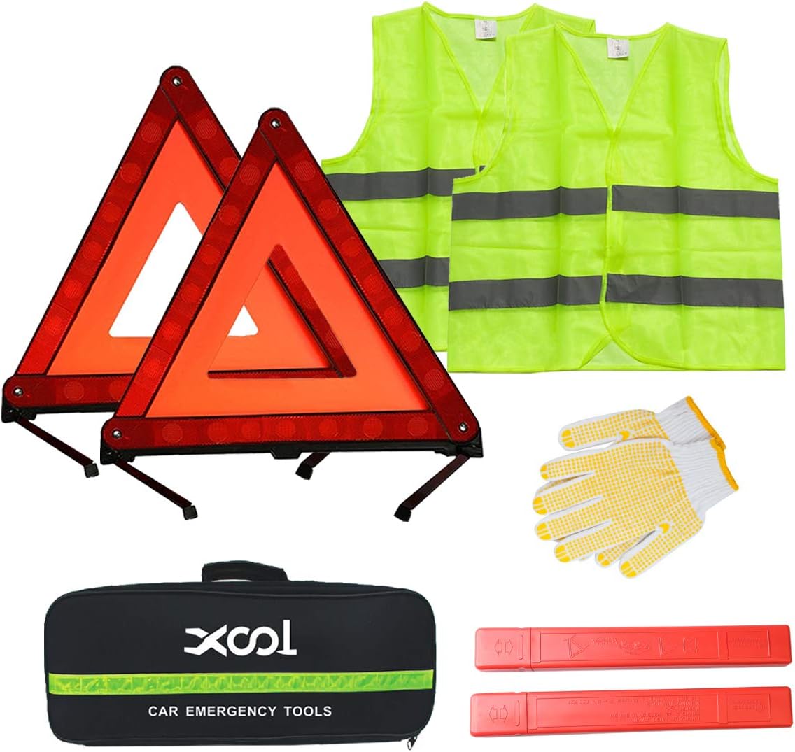 XOOL Safety Triangle Warning Kit, Car Roadside Emergency Kit with Reflective Warning Triangle,Visibility Roadside Vest, Storage Bag and Glove for Use Roadside Breakdowns Emergencies