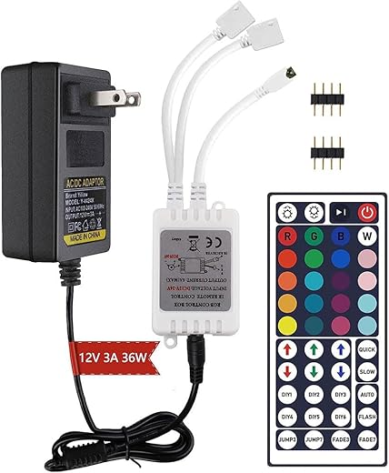 Yiliaw 44 Keys IR Remote Controller Kit - Includes Wireless Rectifier Control Box and DC 12V 3A Power Supply Adapter - Replacement Control for SMD 5050 3528 2835 RGB LED Strip Lights