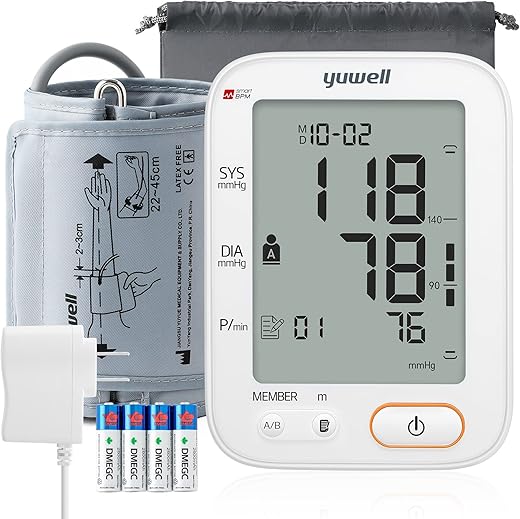 yuwell Blood Pressure Monitors/Machine for Home Use with Speaker, Automatic Digital BP Cuff 17.7 inch, Largest Backlit Display, AC Adapter, 2-Users, 198 Recordings